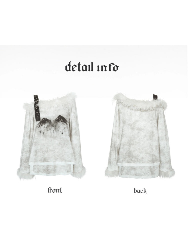 Punk Fur Suspender Belt Off Shoulder Feather Print T-Shirt [s0000003877]