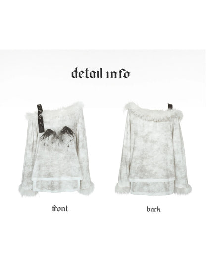 Punk Fur Suspender Belt Off Shoulder Feather Print T-Shirt【s0000003877】