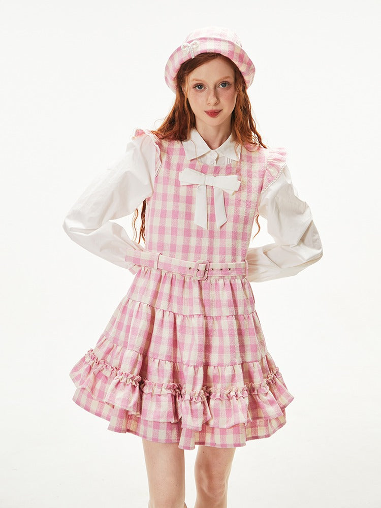 Gingham Check Ruffle Apron Dress &amp; Hat【s0000003541】