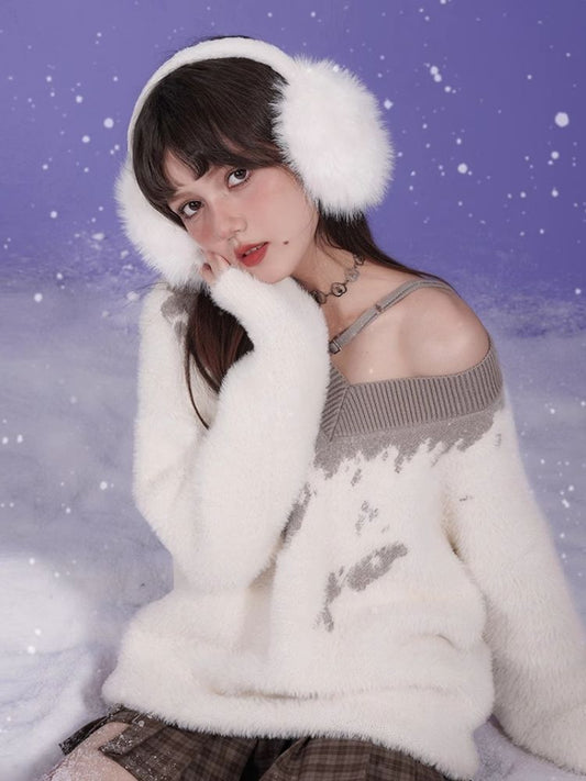 Fluffy Spotted Cat V-Neck Sweater【s0000005592】