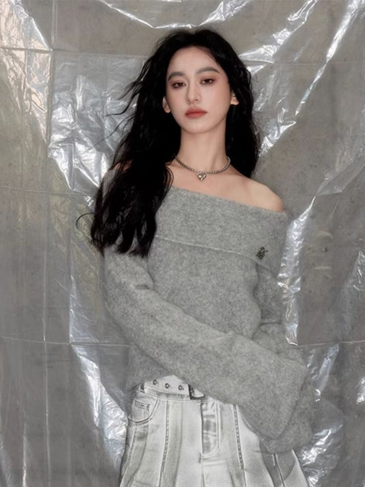 One-line neck strapless sweater【s0000005625】