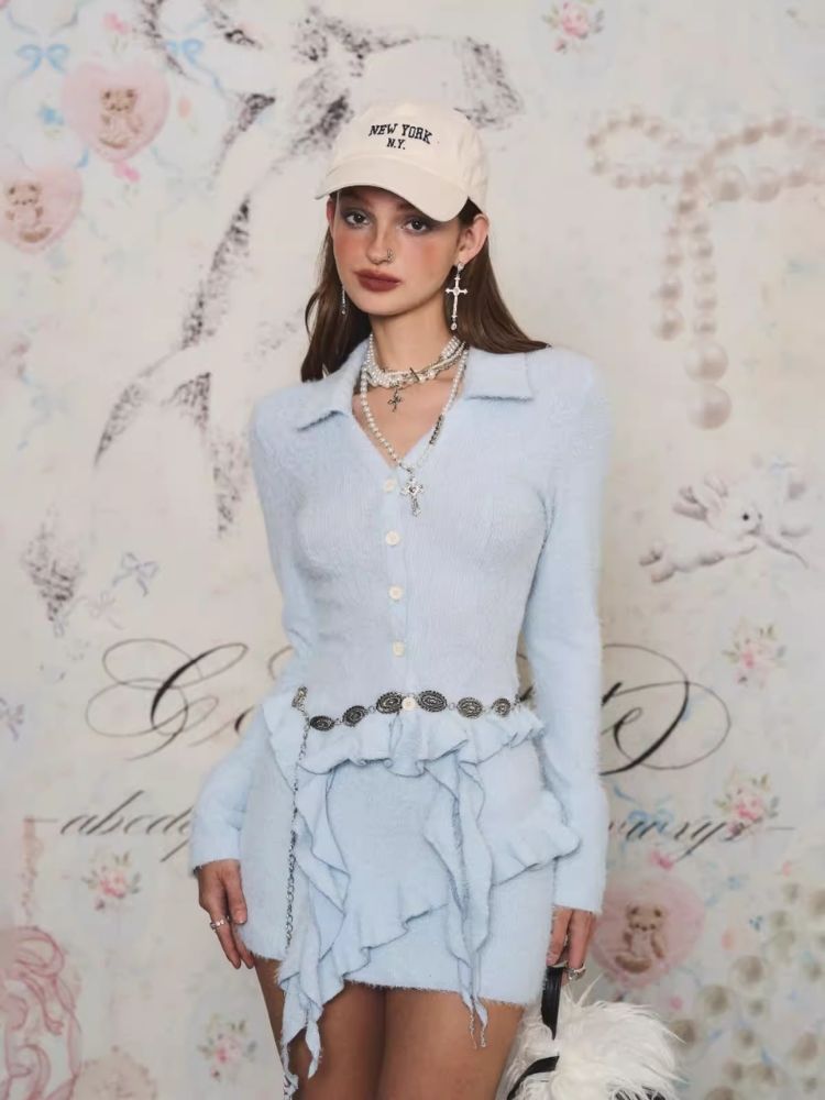 Knit Lapel Cardigan Top Wrap Hip Short Skirt【s0000006373】