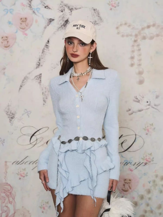 Knit Lapel Cardigan Top Wrap Hip Short Skirt【s0000006373】