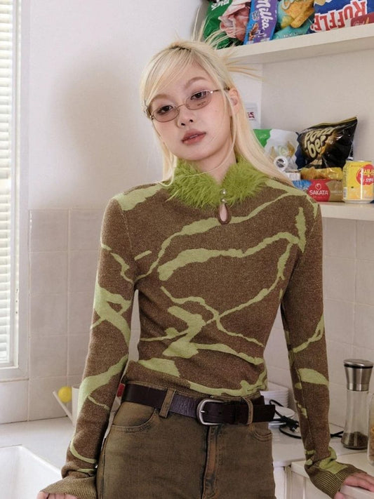 Brown green jacquard sweater【s0000003699】