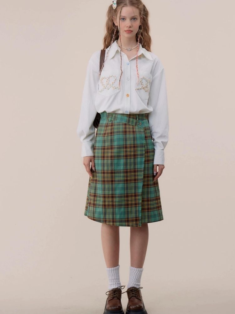 High waist slim green plaid skirt【s0000003118】