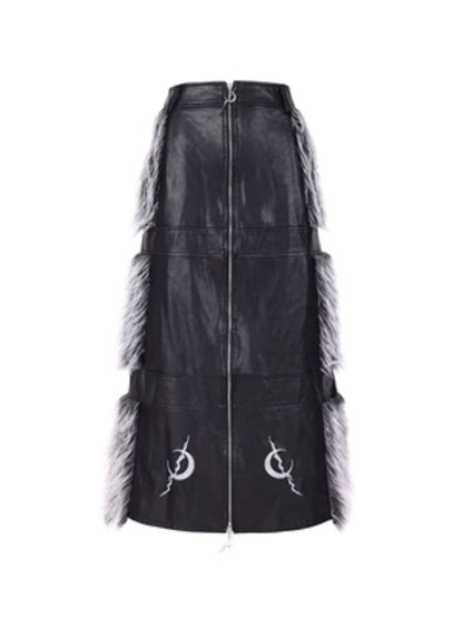 Double zipper black silver Y2K fur skirt【s0000004825】