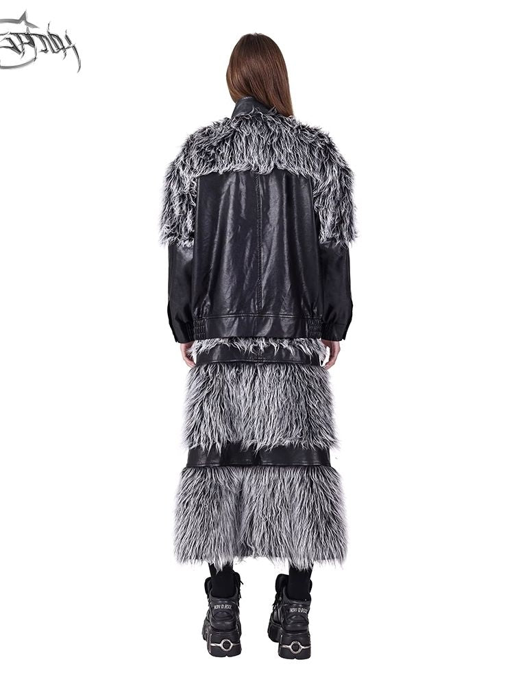 Double zipper black silver Y2K fur skirt【s0000004825】