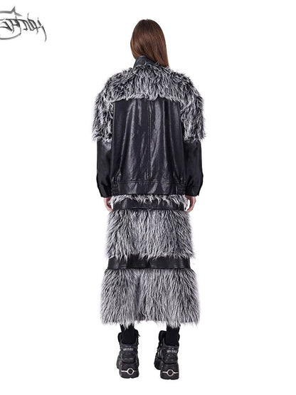 Double zipper black silver Y2K fur skirt【s0000004825】