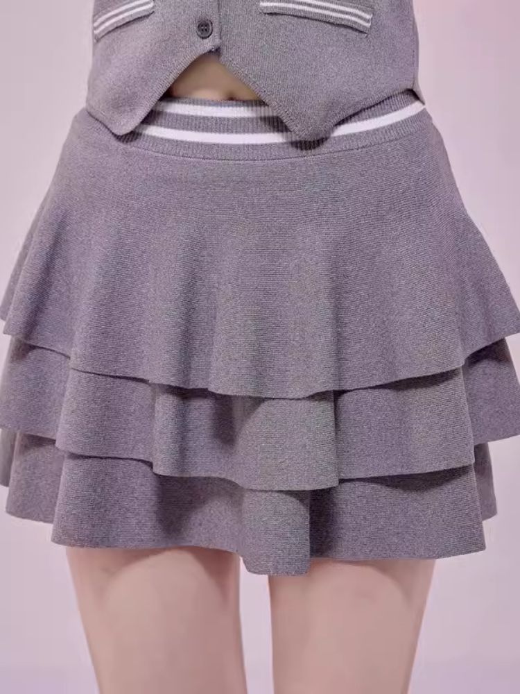Sexy Backless Knit Hanging Neck Short Top Cake Skirt Set【s0000006612】