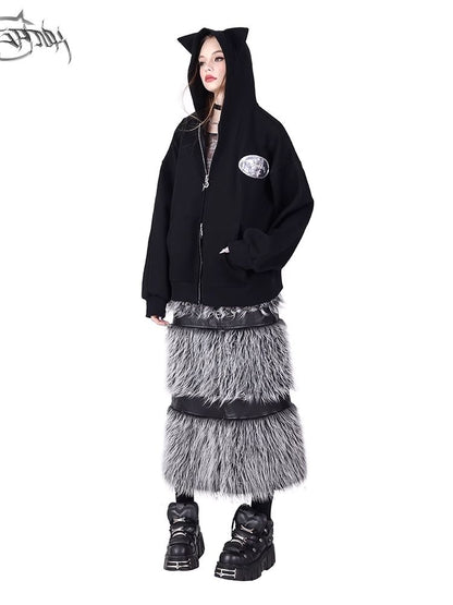 Double zipper black silver Y2K fur skirt【s0000004825】