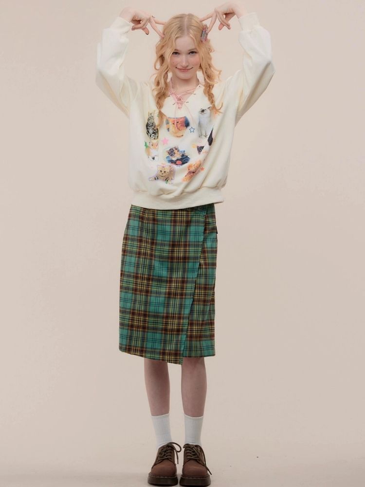 High waist slim green plaid skirt【s0000003118】