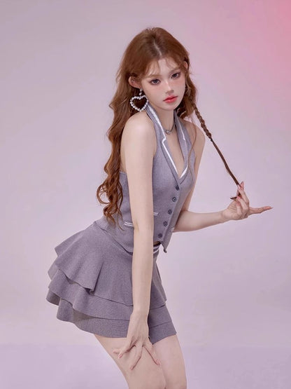 Sexy Backless Knit Hanging Neck Short Top Cake Skirt Set【s0000006612】