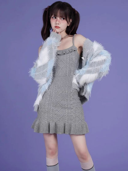 Diamond lattice lazy pure desire romantic dress sweater set【s0000005593】