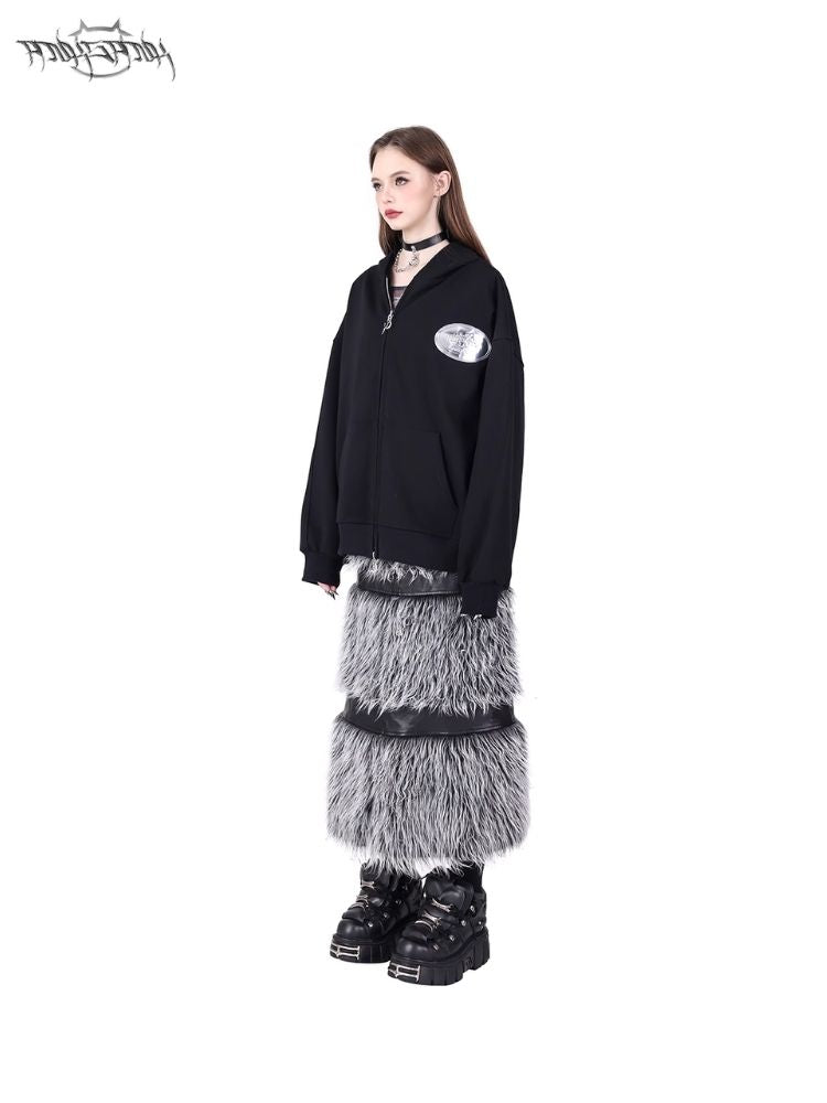 Double zipper black silver Y2K fur skirt【s0000004825】