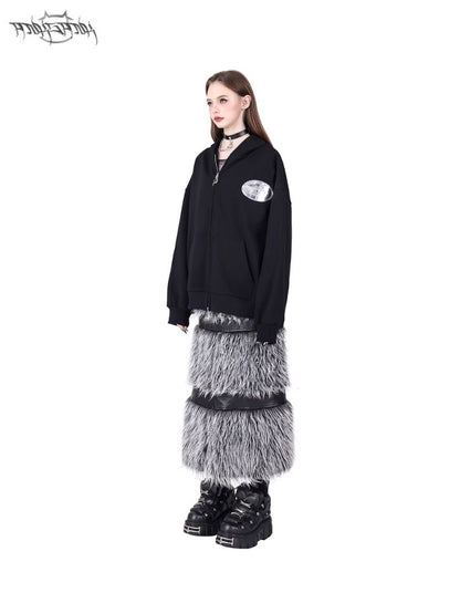 Double zipper black silver Y2K fur skirt【s0000004825】