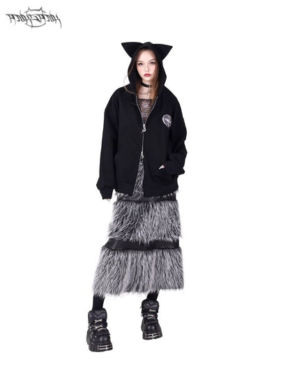 Double zipper black silver Y2K fur skirt【s0000004825】