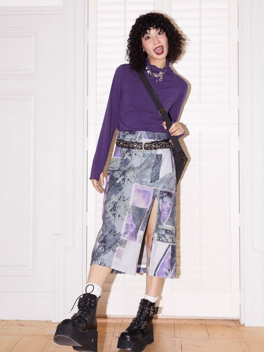 Chemistry Girl Purchased 85th Edition ``Steam Painting'' Vintage Clothes Purple Stamp Flower Opening Long Sleeves