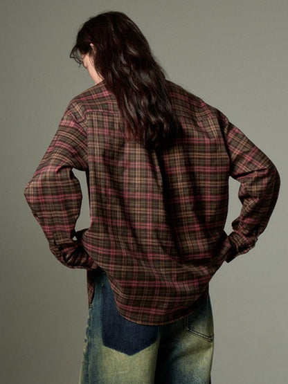 Casual Lace-Up Strap Retro Plaid Loose Shirt【s0000003198】