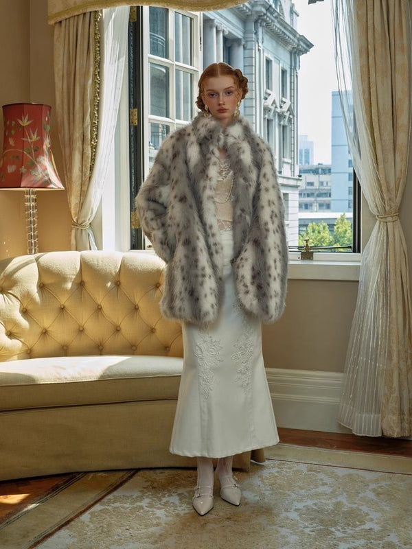 Polka Dot Bobcat Print Long Fur Mid-Length Coat【s0000005416】