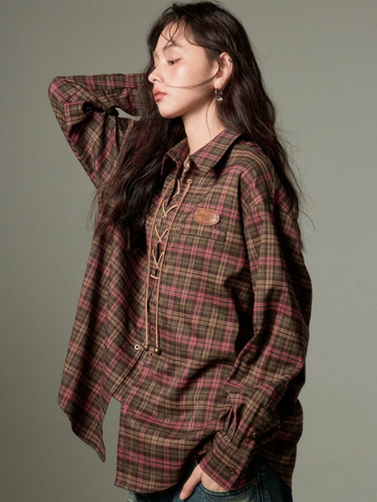 Casual Lace-Up Strap Retro Plaid Loose Shirt【s0000003198】