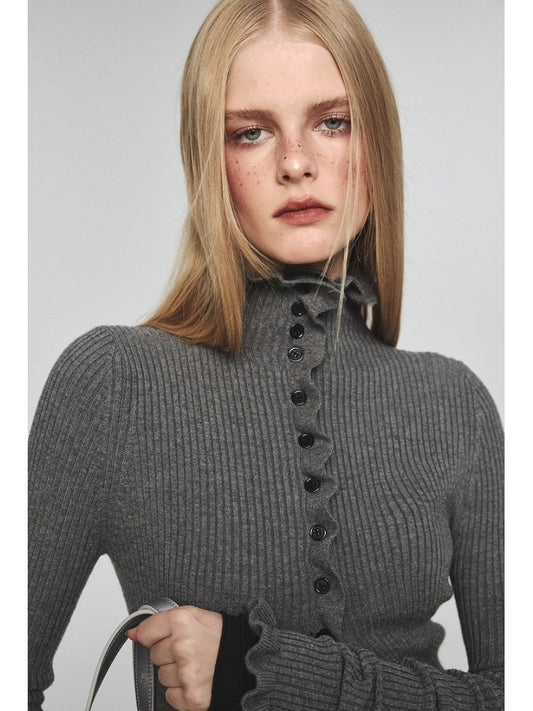 High Neck Knit Button Ruffle Knit Cardigan【s0000004984】