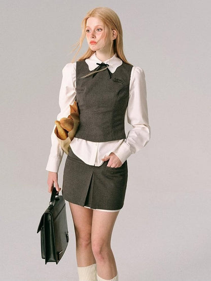 College style two-piece waisted vest half-skirt set【s0000006492】