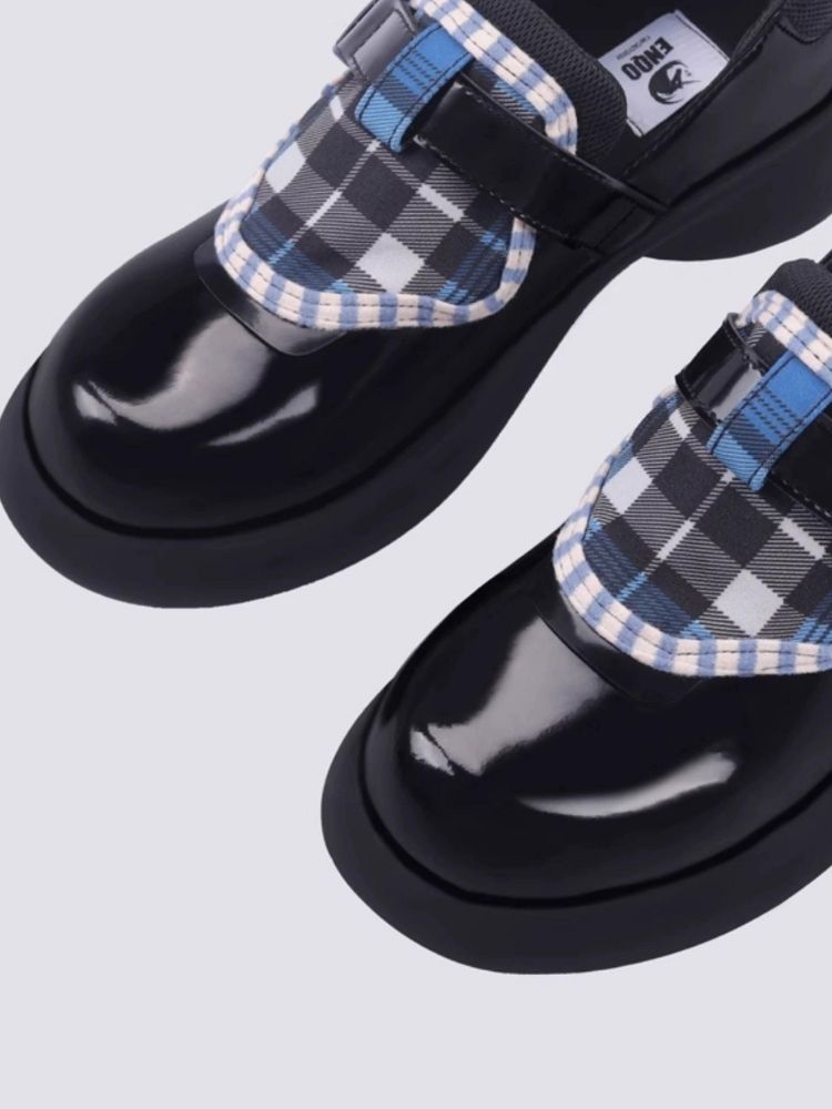 Plaid Velcro Leather Platform Loafers【s0000002687】