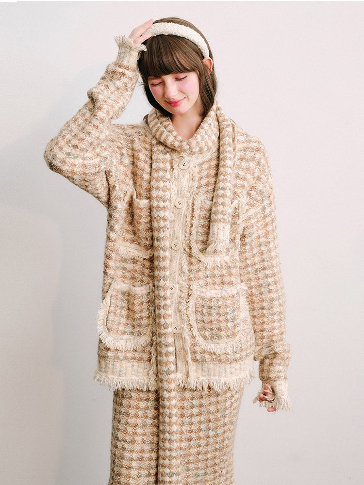 Knitted Fringe Cardigan Jacket With Stole &amp; Long Skirt【s0000003854】