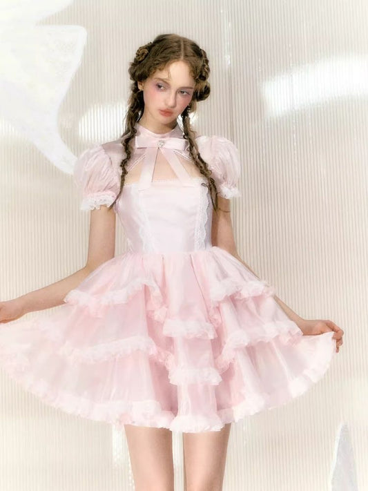 Rhinestone Bow Short Sleeve Lace Princess Dress【s0000008365】