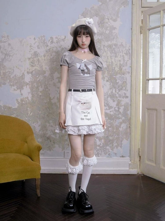 Cat print lace pleated short skirt【s0000002895】