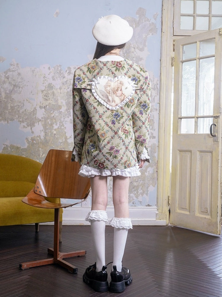 Cat / Angel Print Heart Ribbon Lace Jacquard Sailor Collar Jacket【s0000003814】