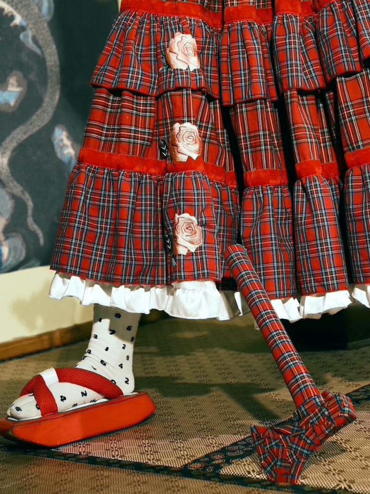 Plaid Rose Embroidery Cake Skirt【s0000007747】