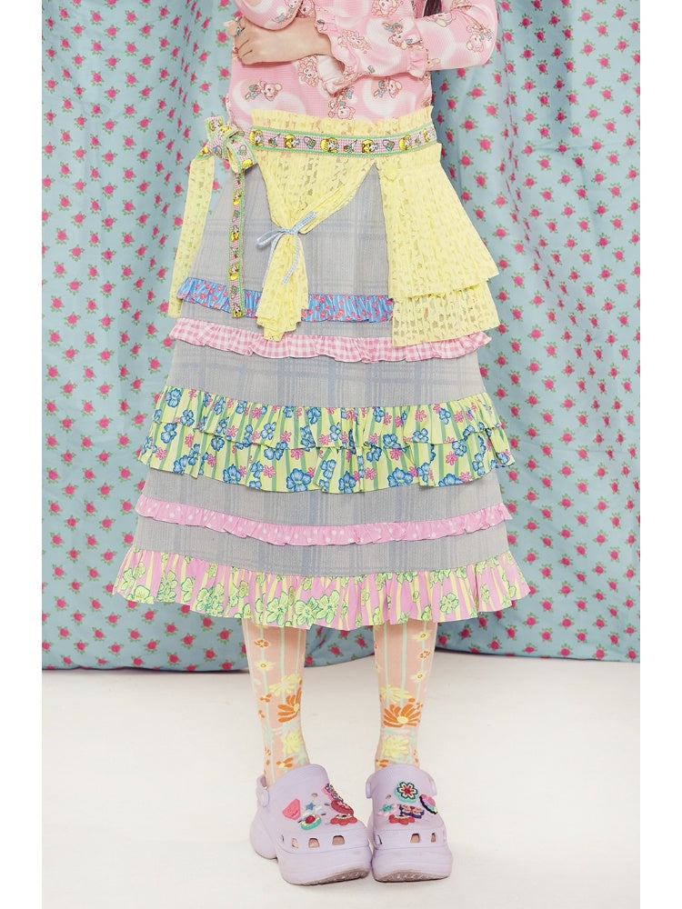 Shimizu Illustration Ribbon Lace Pleated Tiered Apron Skirt【s0000003652】