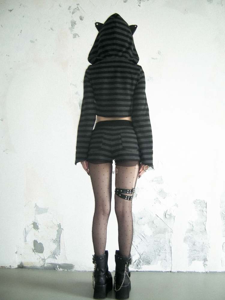 Cat Ears Border Lace Up Hoodie &amp; Short Pants【s0000007895】