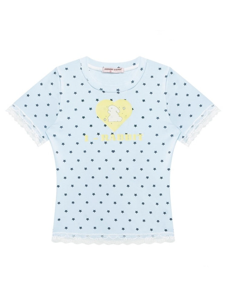 Polka Dot Star Heart Rabbit Print Crew Neck Short Sleeve T-Shirt【s0000013012】