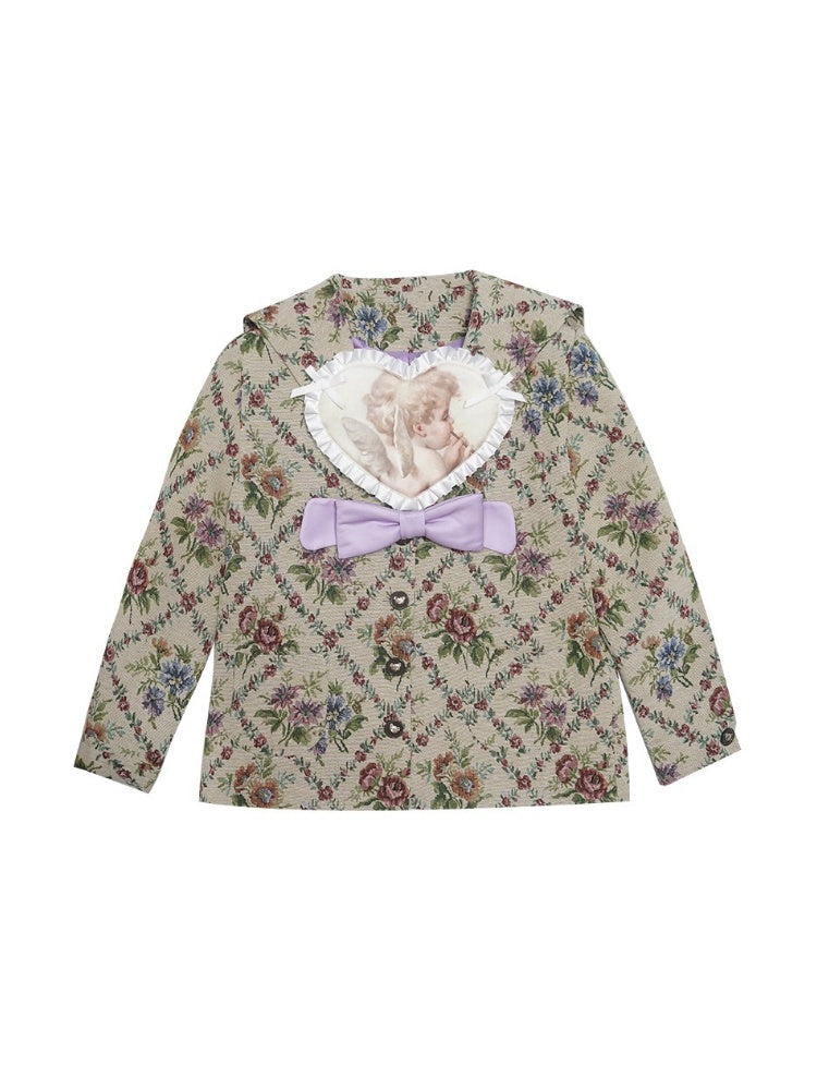 Cat / Angel Print Heart Ribbon Lace Jacquard Sailor Collar Jacket【s0000003814】