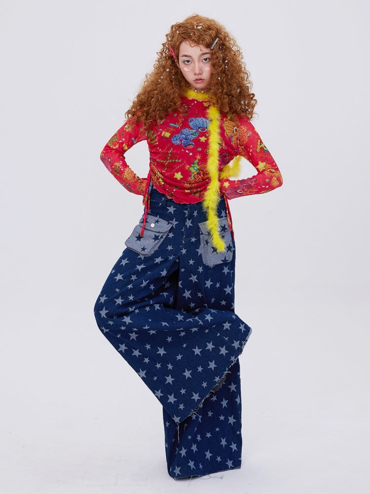 Retro Cute Y2K Star Pattern Wide Leg Loose Mop Jeans Pants [s0000003179]