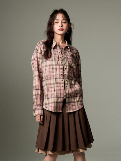 Casual Lace-Up Strap Retro Plaid Loose Shirt【s0000003198】