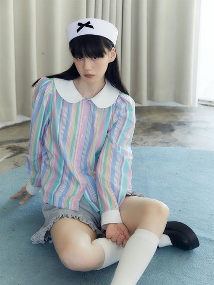 Doll Collar Candy Stripe College Style Shirt【s0000003578】