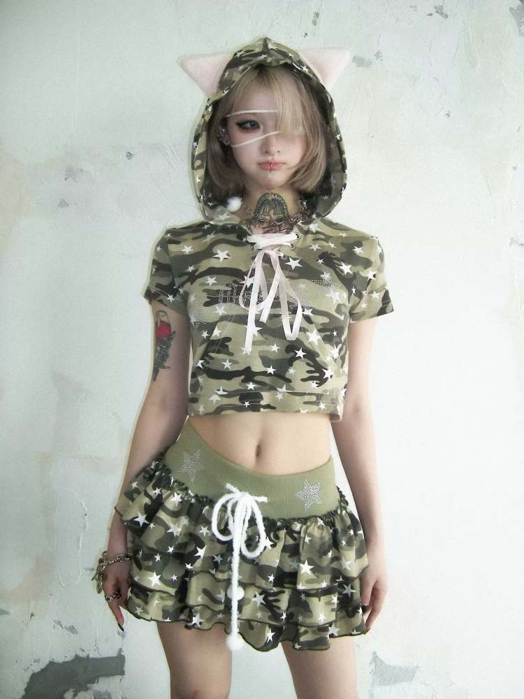 Camouflage &amp; Star Pom Pom Ball Cake Skirt【s0000007893】