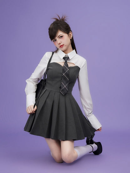 College Style Faux Two Piece Shirt Dress &amp; Tie【s0000003846】