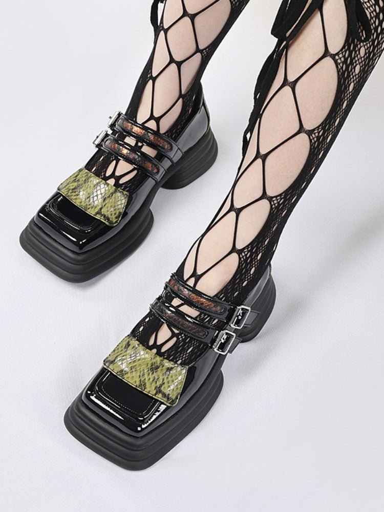 Python Pattern Buckle Square Toe Platform Shoes【s0000003445】