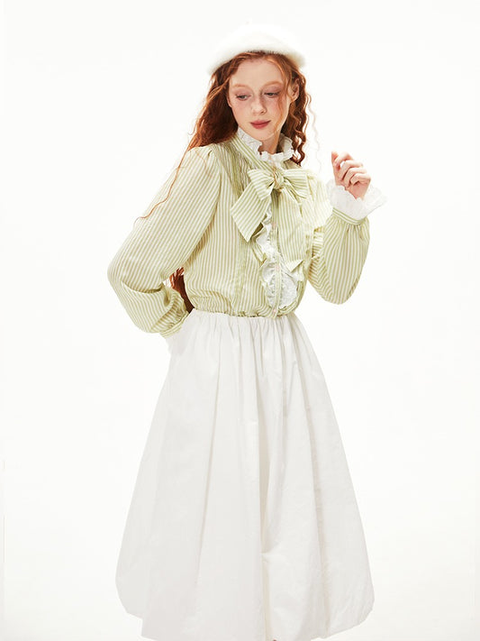 French Retro Striped Ruffle Ribbon Long Sleeve Shirt【s0000003543】