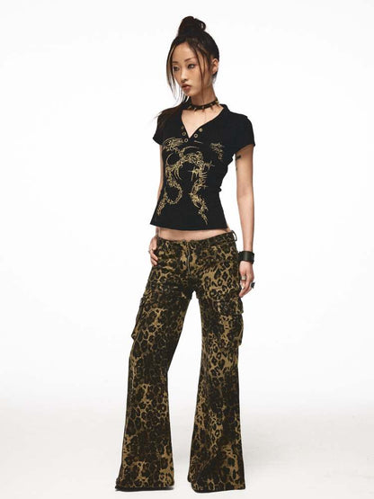 Back Open Gold Print Ribbon T-Shirt [S0000009013]