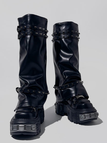 Y2K Retro Punk Style Eyelet Triple Belt Volume Sole Long Tube Boots【s0000005191】