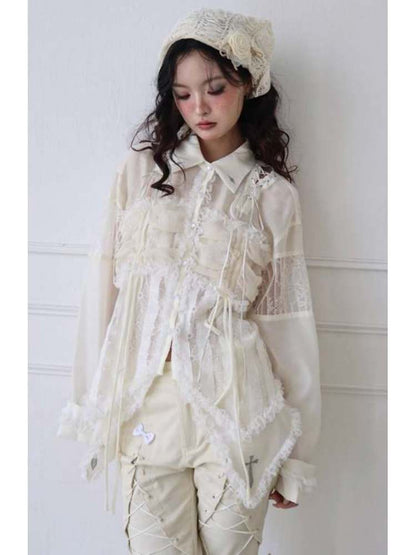 Lace-Up Crosses Embroidery Chiffon Lace Trim Shirt [s0000008151]