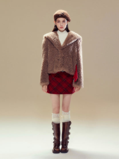 Sailor Collar Boa Coat &amp; Plaid Tight Mini Skirt【s0000004359】