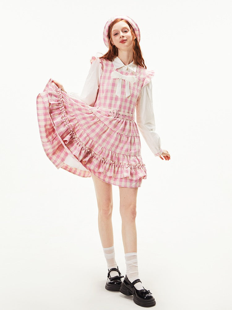 Gingham Check Ruffle Apron Dress &amp; Hat【s0000003541】