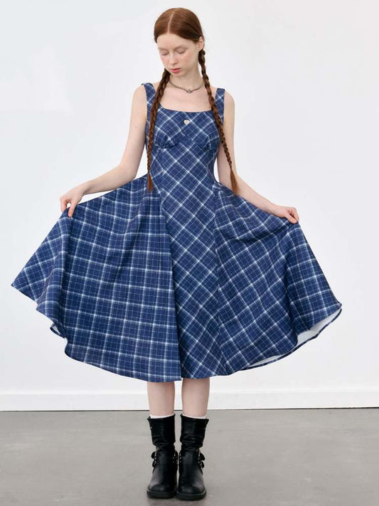 Plaid Suspender Long Flare Dress【s0000008082】