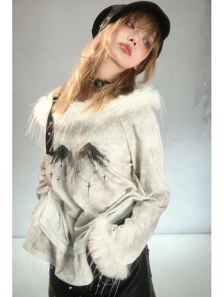 Punk Fur Suspender Belt Off Shoulder Feather Print T-Shirt【s0000003877】